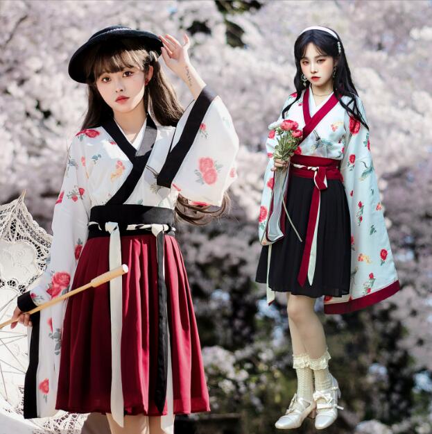 樂天商城 - 着物 漢服 コスプレ衣装 レディース 可愛いチャイナ服 改良中華服 唐装 チャイナドレス 和風 着物ドレス 花柄広袖留袖羽織＋インナーショートスカート 3点セット お姫様 漢時代 昭和 ハロウィン コスチューム 仮装 変装 縁取り 黒 ワインレッド