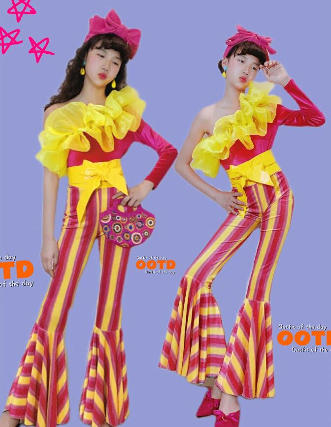 子供ダンス衣装 ストライプ柄パンツ ジャズダンス衣装　フリル付き ラッパパンツ レトロ風キッズダンス..