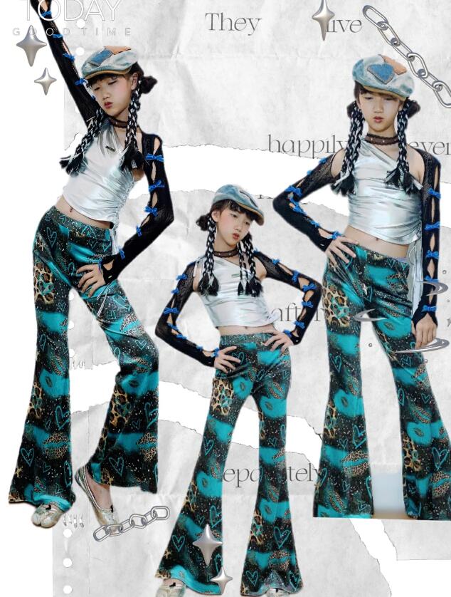 Rakuten - 子供ダンス衣装 ラッパパンツ ジャズダンス衣装　シルバーキャミソールトップス ラッパパンツ レトロ風キッズダンス衣装 女の子 パンタロンストレッチ 演出 ガールズ 団体 チアダンス ステージ チーム hippop イベント ファッションショーラテンダンス 復古風 社交ダンス