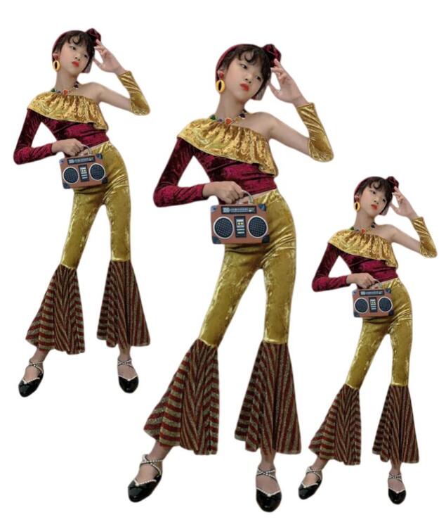 Rakuten - キッズダンス衣装 ラッパパンツ ジャズダンス衣装　フリル付きトップス ラッパパンツ レトロ風キッズダンス衣装 女の子 パンタロンストレッチ 演出 ガールズ 団体 チアダンス ステージ チーム hippop イベント ファッションショーラテンダンス 復古風 社交ダンス