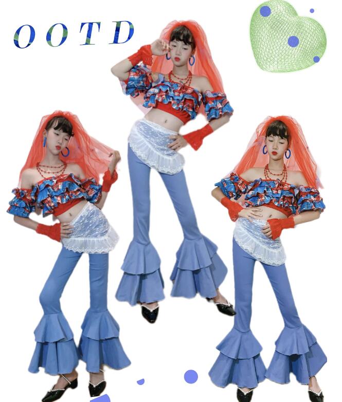 樂天商城 - デニムフレアパンツ 子供ダンス衣装 ジャズダンス衣装　フリル付きトップス ラッパパンツ レトロ風キッズダンス衣装 女の子 パンタロンストレッチ 演出 ガールズ 団体 チアダンス ステージ チーム hippop イベント ファッションショーラテンダンス 復古風 社交ダンス