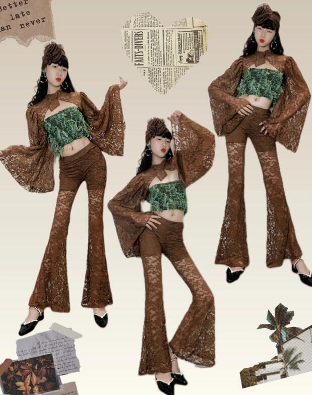 樂天商城 - レースフレアパンツ 子供ダンス衣装 ジャズダンス衣装　フレア袖トップス ラッパパンツ レトロ風キッズダンス衣装 女の子 パンタロンストレッチ 演出 ガールズ 団体 チアダンス ステージ チーム hippop イベント ファッションショーラテンダンス 復古風 社交ダンス