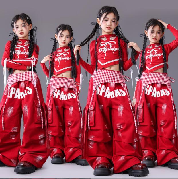 Rakuten - 女の子ダンス衣装 長袖トップス 赤ガーコパンツ ジャズダンス衣装 腰カバー　チェック柄 ヒップホップ ジャズ ダンス 衣装 舞台 ステージ衣装 余興 ダンス衣装 hiphopダンス衣装 小学生 中学生 結婚式 韓国 演出服 舞台服 発表会 団体服 普段着 ジャズダンス HIPHOP K-POP