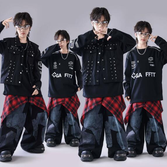 Rakuten - 子供ダンス衣装 　黒ベスト プリント柄パンツ ガーコパンツ ジャズダンス衣装 チェック柄　ヒップホップ ジャズ ダンス 衣装 舞台 ステージ衣装 余興 ダンス衣装 hiphopダンス衣装 小学生 中学生 結婚式 韓国 演出服 舞台服 発表会 団体服 普段着 ジャズダンス HIPHOP K-POP