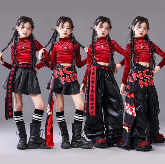 子供ステージ衣装 ガールズダンス衣装 長袖トップス 赤シャツ PUスカート PUパンツ ジャズダンス衣装 腰カバー　ヒップホップ舞台 ステージ衣装 余興 ダンス衣装ダンス衣装 学生 結婚式 韓国 演出服 舞台服 発表会 団体服 普段着 ジャズダンス HIPHOP K-POP