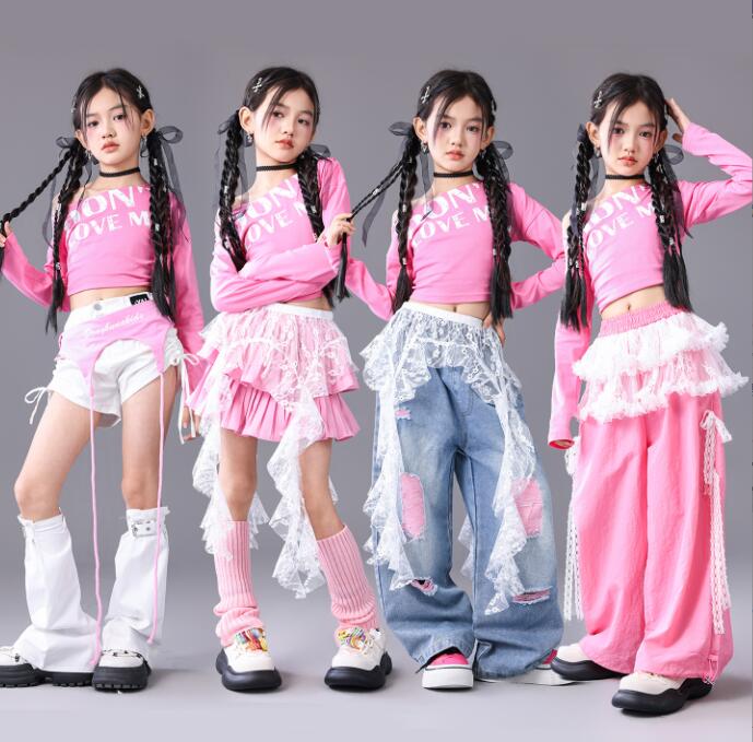 Rakuten - 子供ジャズダンス衣装 長袖トップス ガーコパンツ 　短パン　デニムパンツ　スカートジャズダンス衣装ヒップホップ ジャズ ダンス 衣装 舞台 ステージ衣装 余興 hiphopダンス衣装 学生 結婚式 韓国 演出服 舞台服 発表会 団体服 普段着 ジャズダンス HIPHOP K-POP