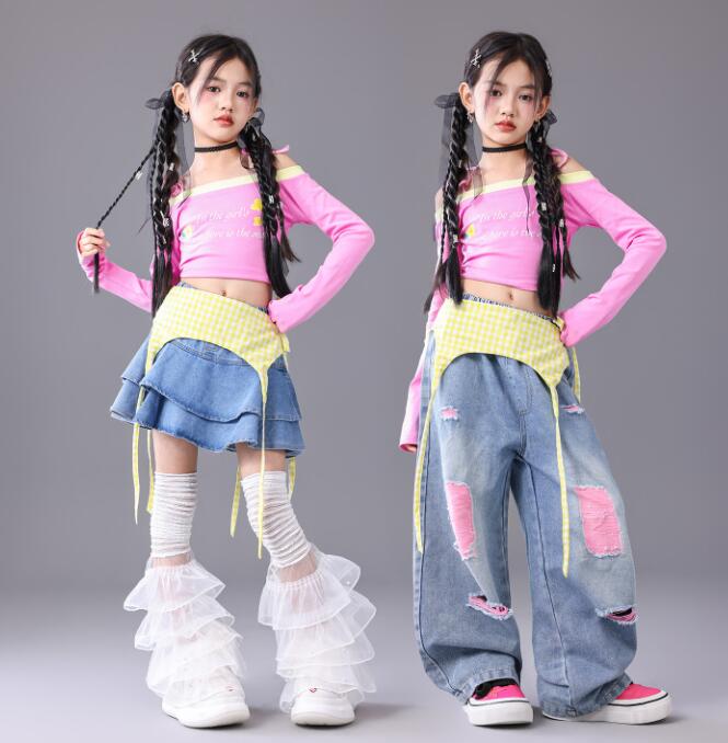 子供ジャズダンス衣装 長袖トップス デニムパンツ　デニムスカート腰巻きジャズダ...