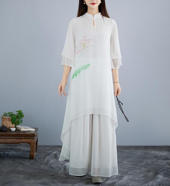 樂天商城 - レディースチャイナ服 ロング丈ワンピース ガウチョパンツ シフォン 中華風 不規則裾 ロング丈ブラウス改良ドレス 舞台 ステージ衣装 演出服 舞台服 普段着 大きいサイズ 文芸風 M L XL 2XL