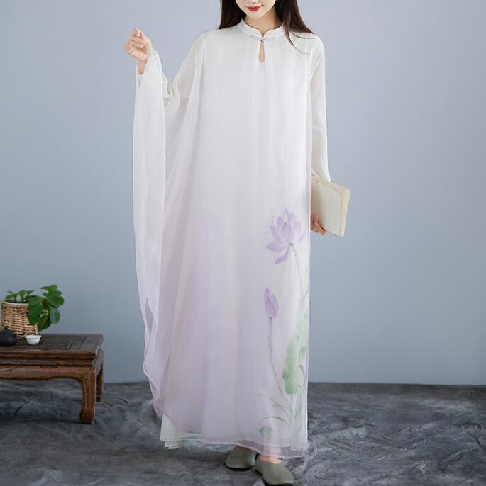 樂天商城 - チャイナワンピース マキシ丈ワンピース 蓮柄 レディースチャイナ服 ロング丈ワンピース シフォン 中華風 不規則裾 ロング丈ブラウス改良ドレス 舞台 ステージ衣装 演出服 舞台服 普段着 大きいサイズ 文芸風 M L XL 2XL