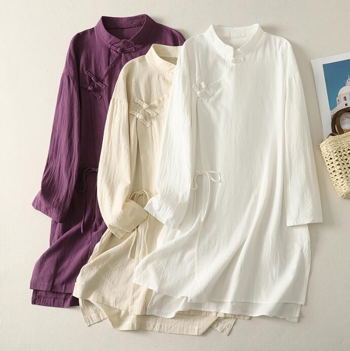 Rakuten - 綿麻ワンピース チャイナワンピース ロング丈ワンピース 3色 レディースチャイナ服 ロング丈ワンピース 中華風 中華バタン ロング丈ブラウス改良ドレス 舞台 ステージ衣装 演出服 舞台服 普段着 大きいサイズ 文芸風 L XL 2XL
