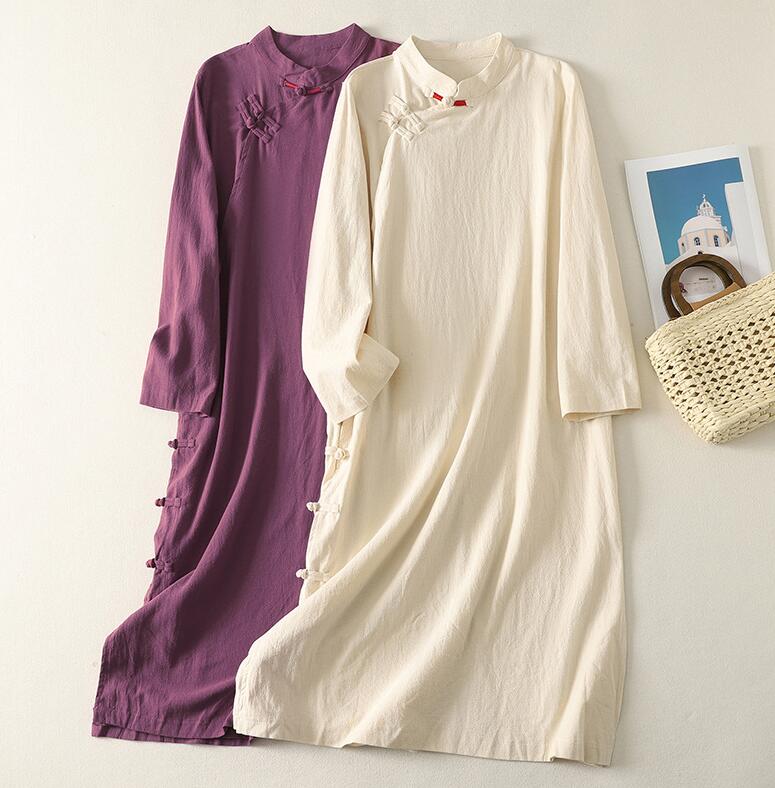 樂天商城 - 綿麻ワンピース チャイナワンピース ロング丈ワンピース 2色 レディースチャイナ服 ロング丈ワンピース 中華風 中華バタン ロング丈ブラウス改良ドレス 舞台 ステージ衣装 演出服 舞台服 普段着 大きいサイズ 文芸風 L XL 2XL