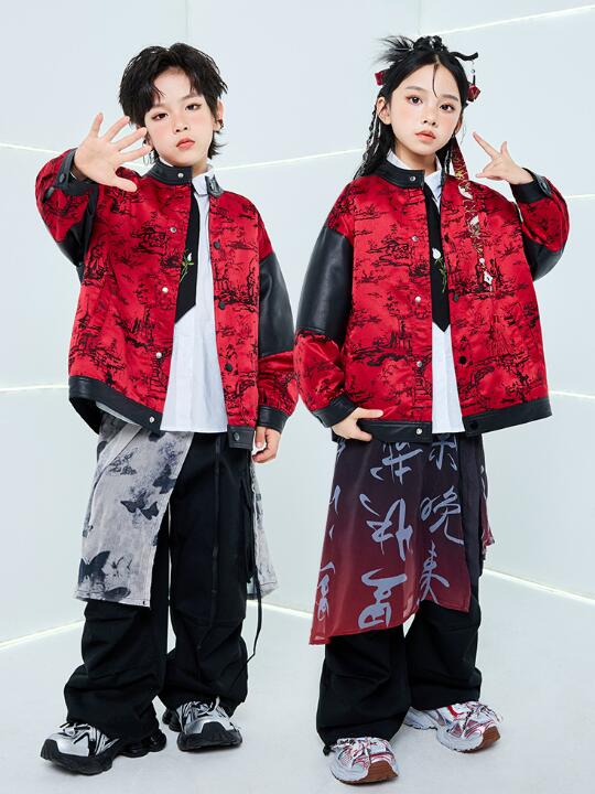 Rakuten - ジャッズダンス衣装 中華風ジャケット PU切り替え 子供ダンス衣装 女の子/男の子ダンス ジャズダンス衣装 ダンス衣装　長ズボンヒップホップ 衣装 舞台 ステージ衣装 余興 hiphopダンス衣装 学生 結婚式 演出服 舞台服 発表会 団体服 普段着 ジャズダンス HIPHOP