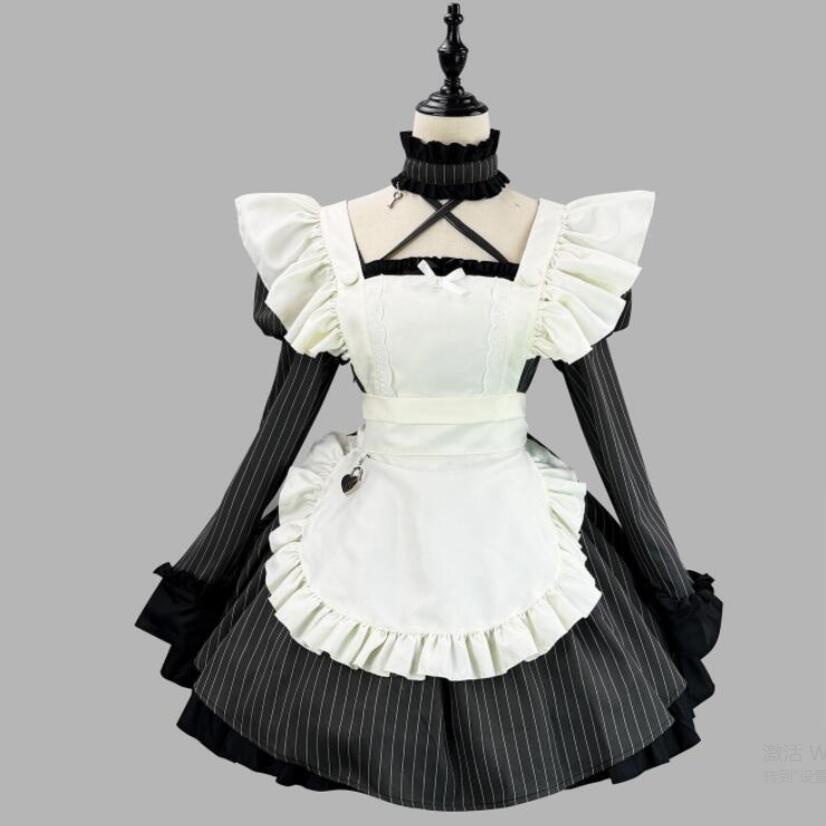 Costumes - メイドドレス ストライプ柄 レディースワンピース 可愛いコスプレ衣装 メイド服 可愛い 膝丈 メイドワンピース 半袖ワンピース メイドコスチューム メイド服 コスプレ ロリータ ワンピース メイド喫茶 cosplay エプロン ワンピ ハロウィン イベント 仮装 大きいサイズあり