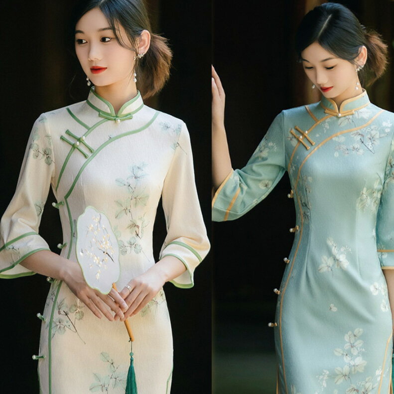 樂天商城 - チャイナ風ワンピース ロング チャイナドレス 中華服 　白 ブルーレディース チャイナ服 チャイナカラー 中華風 パーティー 二次会 演奏会 ドレス 華流 コスプレ 舞台 ステージ ダンス 衣装 古典 撮影 衣裳 ニ胡 箏 演奏服 マキシー丈 M～3XL 大きいサイズ有