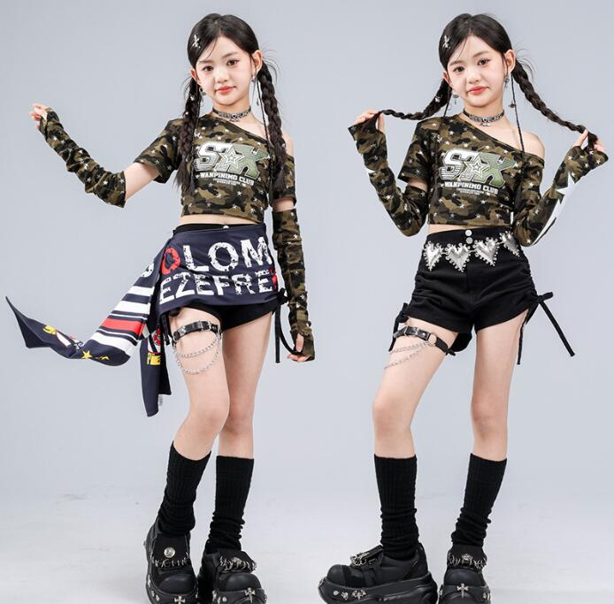 樂天商城 - 迷彩柄トップス 袖カバー付き 子供ダンス衣装 女の子　ミニパンツ ジャッズダンス衣装子供ダンス衣装女の子ダンス ジャズダンス衣装 ヒップホップ 衣装 舞台 ステージ衣装 余興 hiphopダンス衣装 学生 結婚式 演出服 舞台服 発表会 団体服 普段着 HIPHOP