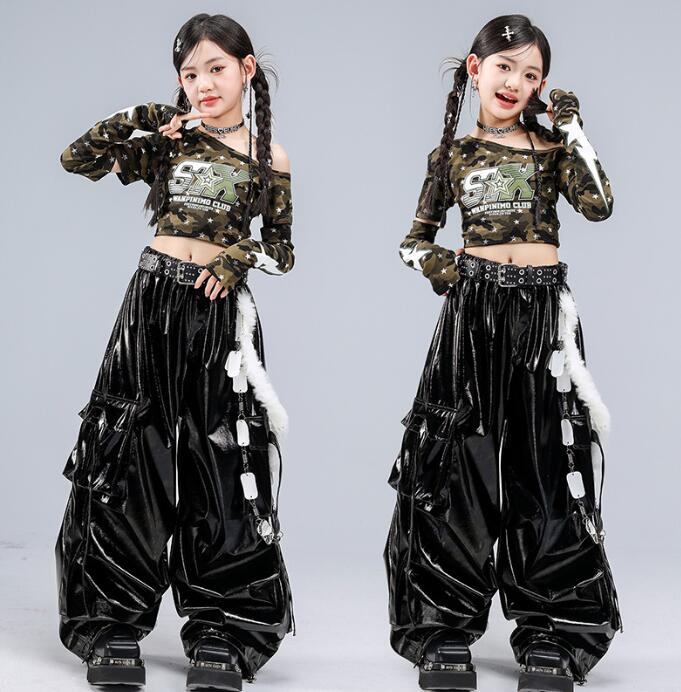 樂天商城 - 迷彩柄トップス 袖カバー付き 子供ダンス衣装 女の子　レザーパンツ ジャッズダンス衣装子供ダンス衣装女の子ダンス ジャズダンス衣装 ヒップホップ 衣装 舞台 ステージ衣装 余興 hiphopダンス衣装 学生 結婚式 演出服 舞台服 発表会 団体服 普段着 HIPHOP