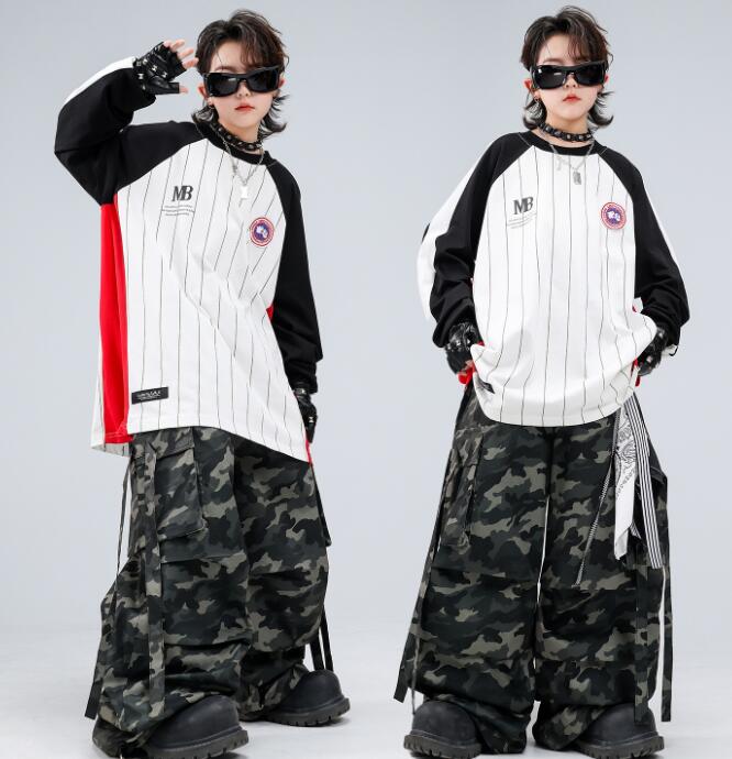 乐天商城 - 子供ダンス衣装 ゆったりトップス　明細柄パンツ ジャッズダンス衣装子供ダンス衣装女の子ダンス ジャズダンス衣装 ヒップホップ 衣装 舞台 ステージ衣装 余興 hiphopダンス衣装 学生 結婚式 演出服 舞台服 発表会 団体服 普段着 HIPHOP