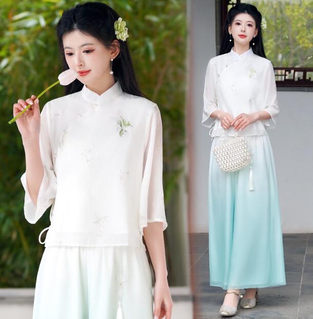 花刺繍プリント立ち襟チャイナボタン...