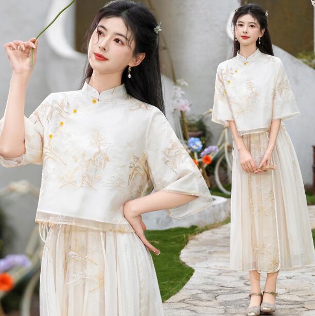 刺繍ブラウス七分袖チャイナ風ブラウ...