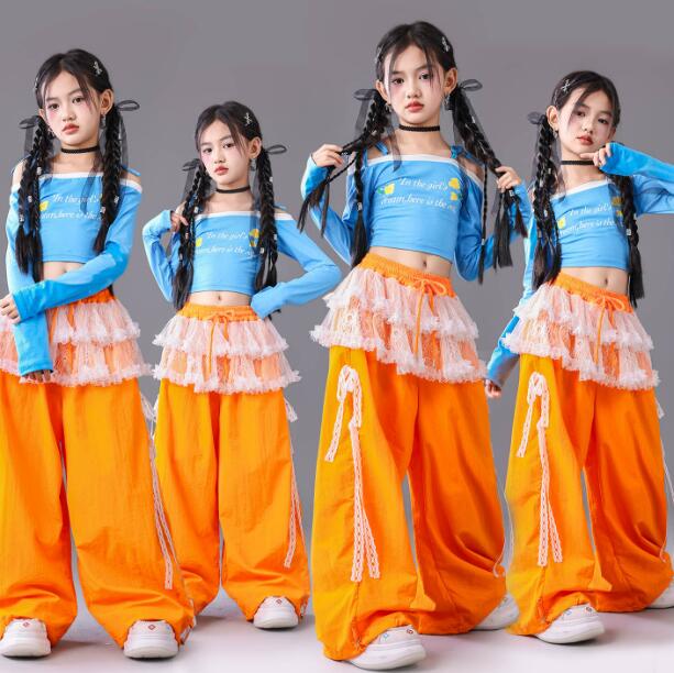 樂天商城 - 子供ダンス衣装 長袖トップス 女の子　腰巻き付きパンツ へそ出し ジャッズダンス衣装子供ダンス衣装女の子ダンス ジャズダンス衣装 ヒップホップ 衣装 舞台 ステージ衣装 余興 hiphopダンス衣装 学生 結婚式 演出服 舞台服 発表会 団体服 普段着 HIPHOP