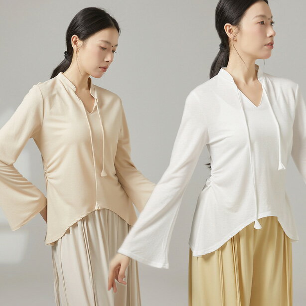 樂天商城 - ラッパ袖Tシャツ ダンストップス 長袖 練習　社交ダンス衣装 4色 ダンス衣装 ダンス衣装 女性 大人 練習着 レッスン着 古風 ダンス 演出服 ステージ衣装チャイナ服 ヨガ ダンス衣装 女性 大人 練習着 レッスン着 演出服 ステージ衣装S M L XL　2XL