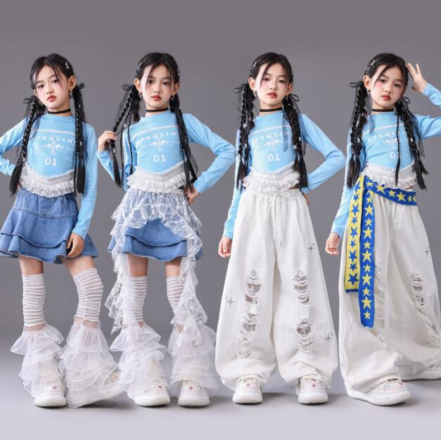 樂天商城 - 子供ダンス衣装 長袖トップス 女の子裾付きトップス 穴付きパンツ デニムスカート ジャッズダンス衣装子供ダンス衣装女の子ダンス ジャズダンス衣装 ヒップホップ 衣装 舞台 ステージ衣装 余興 hiphopダンス衣装 学生 結婚式 演出服 舞台服 発表会 団体服 普段着 HIPHOP