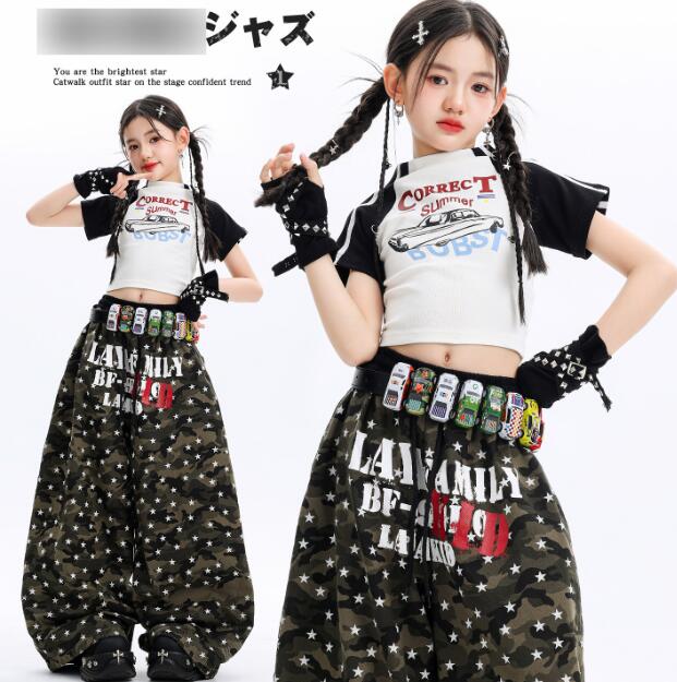 Rakuten - 子供ダンス衣装 半袖トップス へそ出し 迷彩柄パンツ ジャッズダンス衣装子供ダンス衣装女の子ダンス ジャズダンス衣装 ヒップホップ 衣装 舞台 ステージ衣装 余興 hiphopダンス衣装 学生 結婚式 演出服 舞台服 発表会 団体服 普段着 HIPHOP