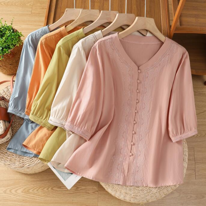 樂天商城 - レディース綿麻トップス Vネックトップス 5色 半袖シャツ ゆったりトップス 夏　文芸風ブラウス 七分袖チャイナ風 ブラウス 中華風 ダンス 発表会 二胡演奏ステージ衣装 太極拳服