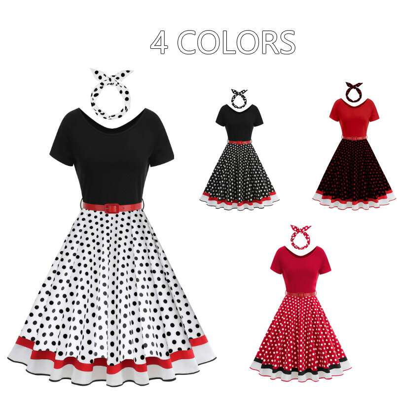 樂天商城 - 水玉柄 ワンピース 半袖レトロドレス ドット柄 4色 女性 50代ドレス ヘアバンド付き 細身 Aラインドレス パーティードレス カラードレス ステージ衣装 森ガール系 姫系 お揃い 舞台演出服 イベント衣装 レトロワンピース パーティー 可愛い クリスマス 発表会 エレガント