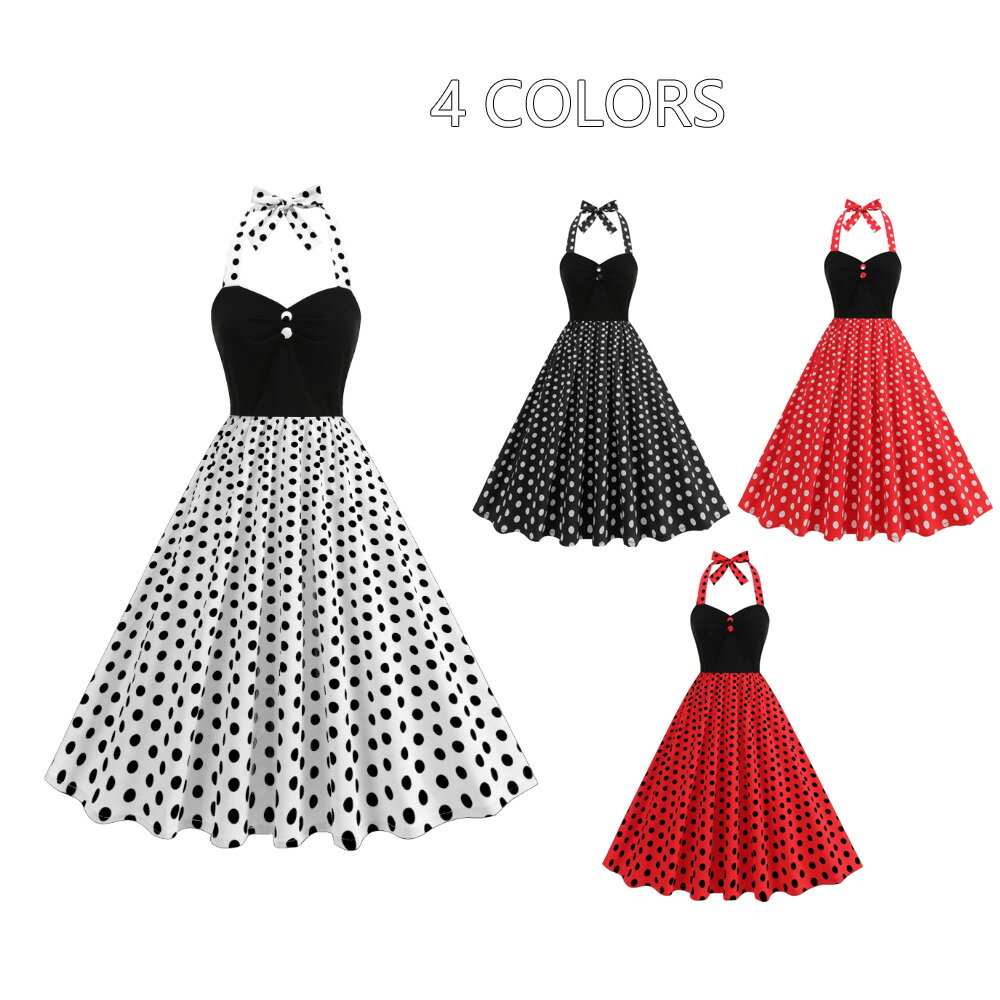 樂天商城 - 水玉柄 ワンピース キャミソールレトロドレス ドット柄 4色 夏女性 50代ドレス 細身 Aラインドレス パーティードレス カラードレス ステージ衣装 森ガール系 姫系 お揃い 舞台演出服 イベント衣装 レトロワンピース パーティー 発表会 エレガント