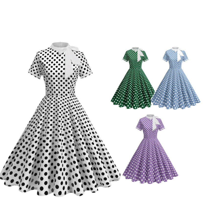 樂天商城 - 水玉柄 ワンピース 立ち襟レトロドレス ドット柄 リボン付き4色 夏女性 50代ドレス 細身 Aラインドレス パーティードレス カラードレス ステージ衣装 森ガール系 姫系 お揃い 舞台演出服 イベント衣装 レトロワンピース パーティー 発表会 エレガント