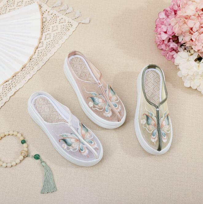 Rakuten - 夏パンプス　スリッパ 透明 民族風 チャイナシューズ ストラップ レディース 婦人靴 パンプス 中華シューズ 春夏秋向け 布靴 カジュアル 春パンプス エスニック 民族風 チャイナ靴 中華靴 疲れない ローヒール ぺたんこ コンフォートシューズ