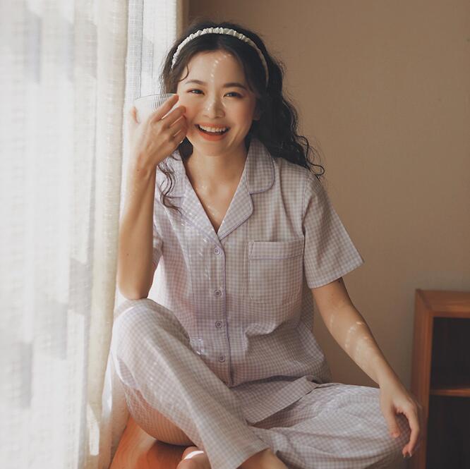 樂天商城 - レディースパジャマ コトンパジャマ 半袖 ロング丈パンツ チェック柄メンズ/レディースパジャマ 部屋着 ルームウェア イエロー/パープル カーぜ 前開き ガーゼ パジャマ 部屋着 寝巻き ペア カップル お揃いパジャマ 男性 女性 紳士 婦人 結婚祝い 記念日 M L XL XXL