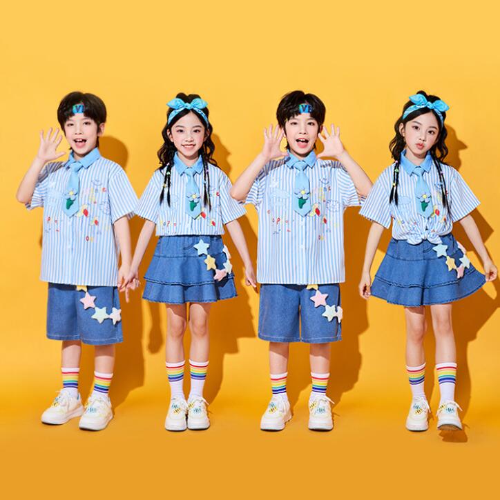 樂天商城 - ブルーシャツ キッズ チアダンス衣装 ストライプ柄シャツ スカート ショートパンツ 子供 女の子 幼稚園 キッズ 可愛い チアガール 応援服 小学生 中学生 合唱 団体服 運動会 学園祭 入学式 卒業式 イベント ジュニア コスチューム 発表会 舞台演出服 ステージ衣装子供の日