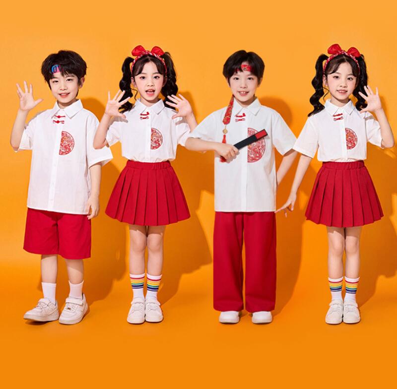 Rakuten - チアダンス衣装 半袖シャツ 中国風 チャイナスカート パンツ 子供 女の子 幼稚園 キッズ可愛い チアガール 応援服 小学生 中学生 合唱 団体服 運動会 学園祭 入学式 卒業式 イベント ジュニア コスチューム 発表会 舞台演出服 ステージ衣装 普段着 子供の日
