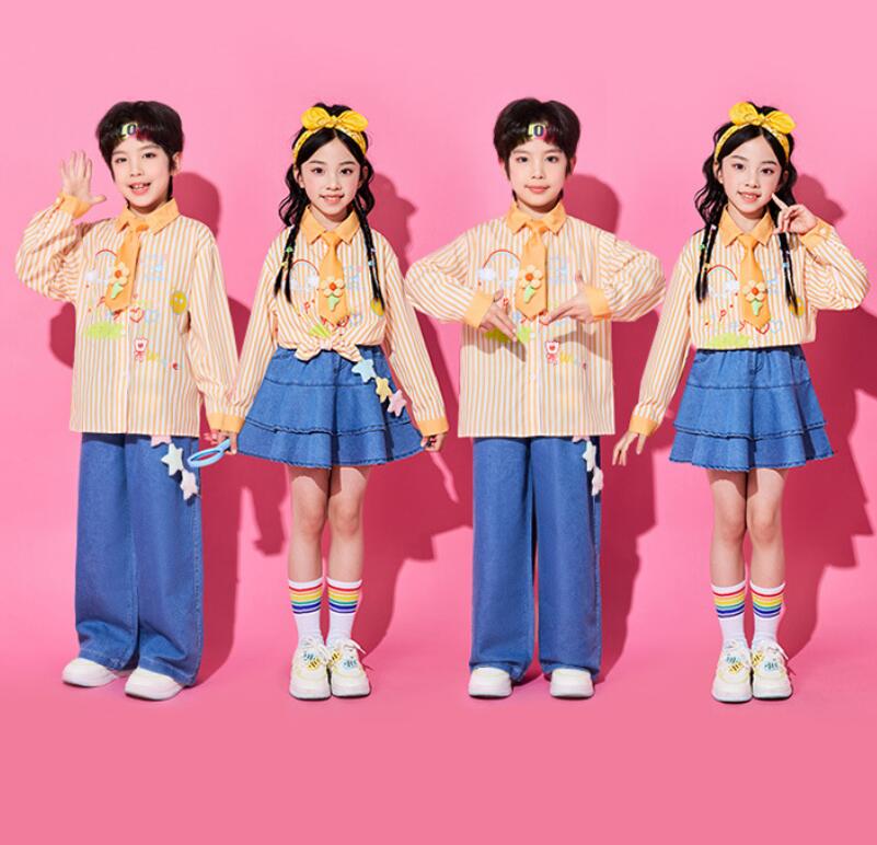 樂天商城 - 長袖チアダンス衣装 ストライプ柄シャツ 中国風 パンツ 子供 女の子 幼稚園 キッズ可愛い チアガール 応援服 小学生 中学生 合唱 団体服 運動会 学園祭 入学式 卒業式 イベント ジュニア コスチューム 発表会 舞台演出服 ステージ衣装 普段着 子供の日