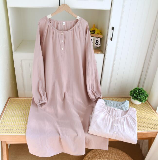 樂天商城 - パジャマ ネグリジェ ガーゼ パジャマ レディース 3色 パジャマセット 寝間着 長袖　ワンピース 夏物 綿100％ 二重ガーゼパジャマ 上下セット ルームウェア ナイトウェア 部屋着 コットン素材 無地 贈り物 プレゼント 誕生日 お祝い ガーゼ 柔らかい M L XL