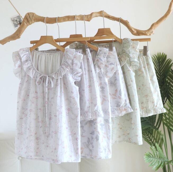 樂天商城 - 小花パジャマ コットン 3デザイン ガーゼ パジャマ レディースパジャマセット 寝間着 袖なし ショートパンツ夏物 綿100％ 二重ガーゼパジャマ 上下セット ルームウェア ナイトウェア 部屋着 コットン素材 贈り物 プレゼント 誕生日 お祝い ガーゼ 柔らかい M L XL