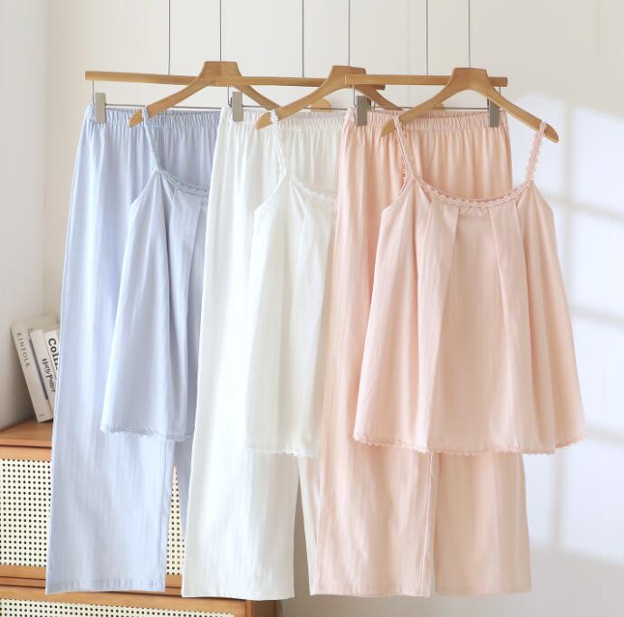 樂天商城 - 無地 夏パジャマ キャミソール コットン 3色 パジャマ セット 寝間着パンツ夏物 綿　九分丈パンツパジャマ 上下セット ルームウェア ナイトウェア 部屋着 コットン素材 贈り物 プレゼント 誕生日 お祝い 柔らかい M L XL