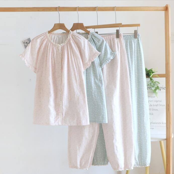 樂天商城 - 小花柄パジャマ 夏パジャマ コットン ガーゼ パジャマ レディースパジャマセット 寝間着 半袖 ロング丈パンツ夏物 綿二重ガーゼパジャマ 上下セット ルームウェア ナイトウェア 部屋着 コットン素材 贈り物 プレゼント 誕生日 お祝い ガーゼ 柔らかい M L XL 2XL