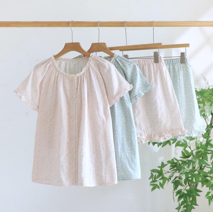 Cotton - 小花柄パジャマ 夏パジャマ コットン ガーゼ パジャマ レディースパジャマセット 寝間着 半袖 ショート丈パンツ夏物 綿二重ガーゼパジャマ 上下セット ルームウェア ナイトウェア 部屋着 コットン素材 贈り物 プレゼント 誕生日 お祝い ガーゼ 柔らかい M L XL 2XL