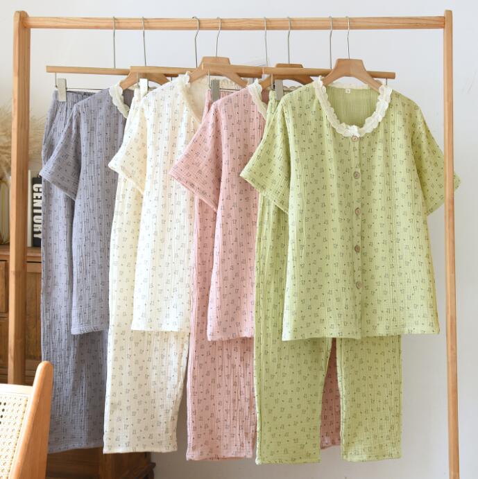 樂天商城 - パジャマ 夏小花柄 コットン ガーゼ パジャマ レディースパジャマセット 寝間着 半袖 ロングパンツ夏物 綿二重ガーゼパジャマ 上下セット ルームウェア ナイトウェア 部屋着 コットン素材 贈り物 プレゼント 誕生日 お祝い ガーゼ 柔らかい M L XL 2XL