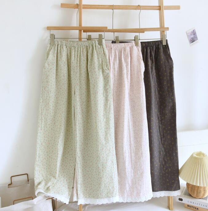 樂天商城 - レディースパジャマパンツ ガーゼパジャマ 春夏秋向け ロングパンツ コットン 小花柄　可愛い 肌優しい 透気性 部屋着 薄手 部屋着 ルームウェア 可愛い パジャマ 寝巻き 綿パジャマ 通気 肌に優しい　M L XL