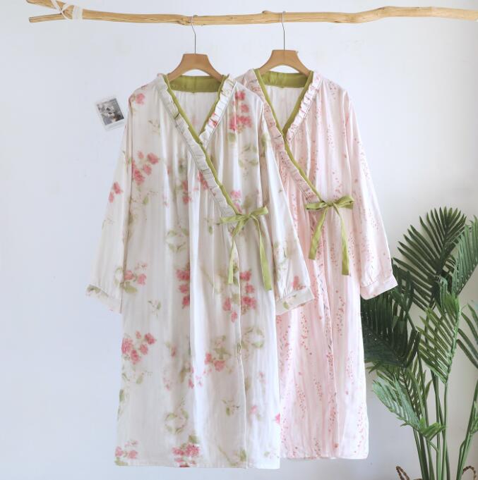 樂天商城 - パジャマ ワンピース コットン ガーゼ パジャマ レディースパジャマセット 寝間着 長袖 ネグリジェ夏物 綿二重ガーゼパジャマ ルームウェア ナイトウェア 部屋着 コットン素材 贈り物 プレゼント 誕生日 お祝い ガーゼ 柔らかい M L XL 2XL