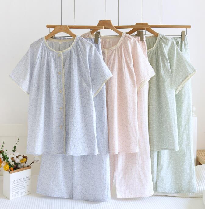 Rakuten - パジャマ 夏小花柄 コットン ガーゼ パジャマ レディースパジャマセット 寝間着 半袖 ロングパンツ夏物 綿二重ガーゼパジャマ 上下セット ルームウェア ナイトウェア 部屋着 コットン素材 贈り物 プレゼント 誕生日 お祝い ガーゼ 柔らかい M L XL 2XL