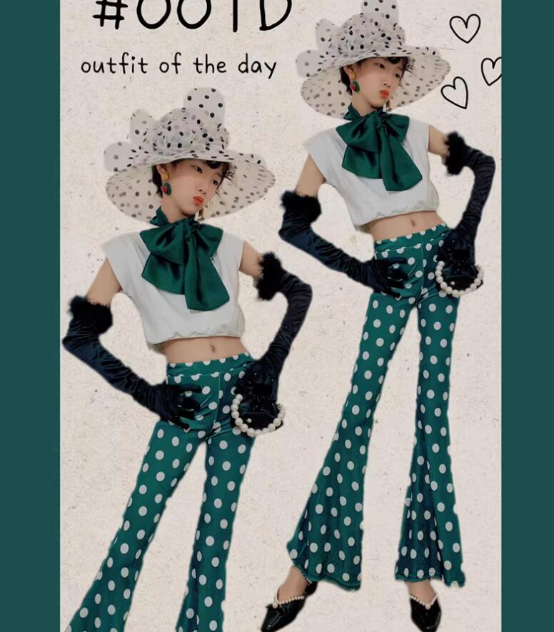 Long-Trousers, Trousers - 水玉柄パンツ キッズダンス衣装 女の子 ダンス衣装 フレアパンツ 復古 ジャズダンス 白シャツ レトロ デスコ風 ラッパパンツ モデル 団体 チアガール イベント ステージ衣装社交ダンス コスチューム 撮影衣 HIPHOP 香港風 原宿 時代感 発表会 応援団