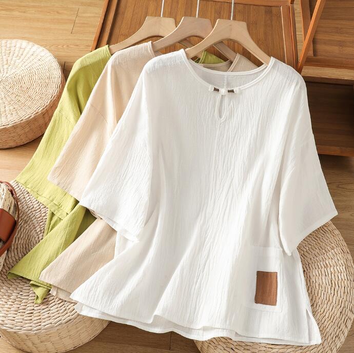 樂天商城 - 半袖ブラウス シャツ 綿麻素材 ゆったり 夏物 レディース ブラウス 綿 麻 麻生地 リネン混 麻混 トップス 無地 シンプル カジュアル ゆったり ナチュラル服 チャイナ風 チャイナボタン 春 夏 春物 夏物 春夏 トップス 大人 可愛い