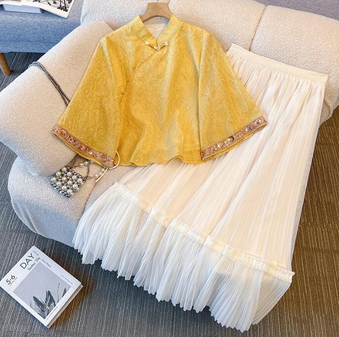 樂天商城 - 黄色刺繍ブラウス チャイナ風トップス 改良チャイナドレストップス五分袖シャツ単品/セット対応可能 ハロウイン トップス＋スカート2点セット チャイナボダン ブラウス　ダンス 発表会 二胡演奏ステージ衣装 太極拳服 ウェア　エスニック　チャイナ民国風唐装漢服（x11192）