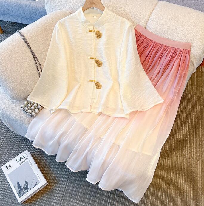 樂天商城 - 刺繍ブラウス チャイナ風トップス 改良チャイナドレストップス五分袖シャツ単品/セット対応可能 ハロウイン トップス＋スカート2点セット チャイナボダン ブラウス　ダンス 発表会 二胡演奏ステージ衣装 太極拳服 ウェア　エスニック　チャイナ民国風唐装漢服