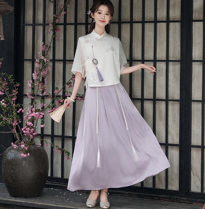 パープルスカート七分袖ブラウスチャ...